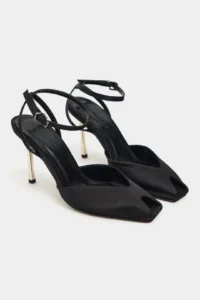 Nisantasi Shoes Vela Black Satin Ankle Tied Toe Light Detailed Women Heels Shoes - Image 6