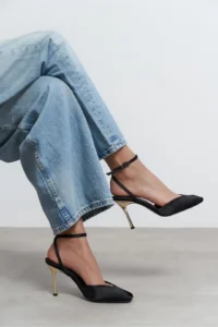 Nisantasi Shoes Vela Black Satin Ankle Tied Toe Light Detailed Women Heels Shoes - Image 2