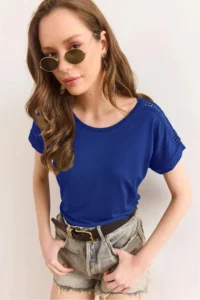 Olalook Women's Saks Blue Shoulder Guipure Detailed Knitted Viscose Blouse - Image 2