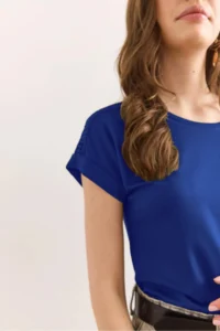 Olalook Women's Saks Blue Shoulder Guipure Detailed Knitted Viscose Blouse - Image 3