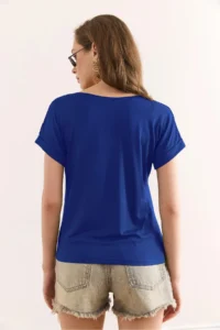 Olalook Women's Saks Blue Shoulder Guipure Detailed Knitted Viscose Blouse - Image 4