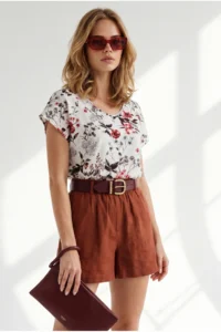Olalook Women's Ecru Red V-Neck Woven Viscose Blouse