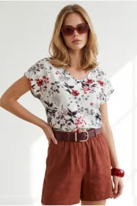 Olalook Women's Ecru Red V-Neck Woven Viscose Blouse - Image 2