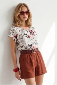 Olalook Women's Ecru Red V-Neck Woven Viscose Blouse - Image 3