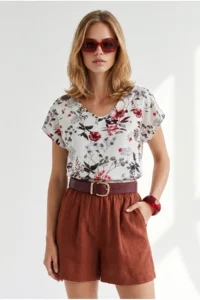 Olalook Women's Ecru Red V-Neck Woven Viscose Blouse - Image 4