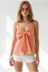 Olalook Women's Pomegranate Flower Strap Adjustable Front Bow Gingham Blouse