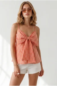Olalook Women's Pomegranate Flower Strap Adjustable Front Bow Gingham Blouse - Image 2