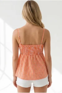 Olalook Women's Pomegranate Flower Strap Adjustable Front Bow Gingham Blouse - Image 5