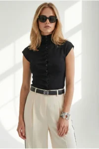 Olalook Women's Black Pleat Detailed Buttoned Viscose Content Knitwear Blouse - Image 2