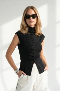 Olalook Women's Black Pleat Detailed Buttoned Viscose Content Knitwear Blouse - Image 3