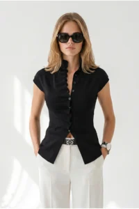 Olalook Women's Black Pleat Detailed Buttoned Viscose Content Knitwear Blouse - Image 4