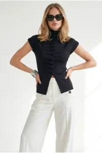 Olalook Women's Black Pleat Detailed Buttoned Viscose Content Knitwear Blouse - Image 5