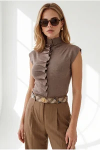 Olalook Women's Mink Pleat Detailed Buttoned Viscose Content Knitwear Blouse - Image 2