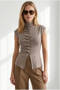 Olalook Women's Mink Pleat Detailed Buttoned Viscose Content Knitwear Blouse - Image 3