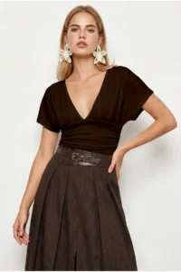 Olalook Women's Brown Pleat Detailed Viscose Blouse with Back Lace