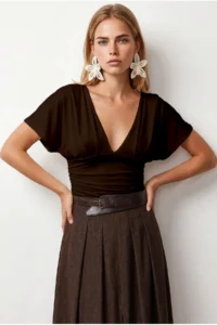Olalook Women's Brown Pleat Detailed Viscose Blouse with Back Lace - Image 3