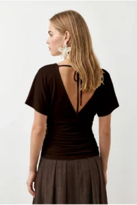 Olalook Women's Brown Pleat Detailed Viscose Blouse with Back Lace - Image 4