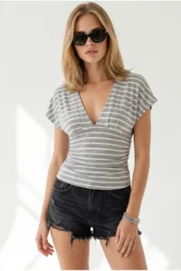Olalook Women's Striped Gray Pleat Detailed Viscose Blouse with Back Lace