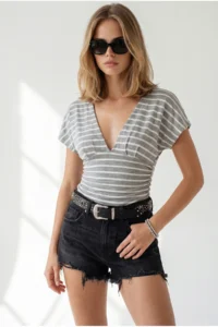 Olalook Women's Striped Gray Pleat Detailed Viscose Blouse with Back Lace - Image 4