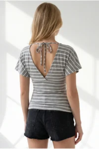 Olalook Women's Striped Gray Pleat Detailed Viscose Blouse with Back Lace - Image 5