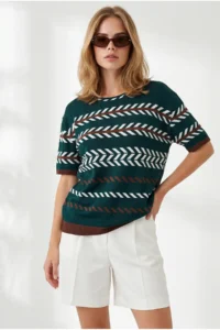 Olalook Women's Emerald Green Flowy Cosmos Viscose Knitwear Blouse - Image 5