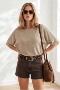 Olalook Women's Mink Waist Bodice Gimped Bat Model Viscose Knitwear Blouse - Image 2