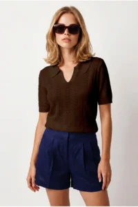 Olalook Women's Bitter Brown Viscose Polo Neck Openwork Flowy Knitwear Blouse
