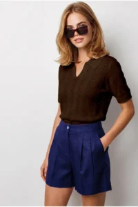 Olalook Women's Bitter Brown Viscose Polo Neck Openwork Flowy Knitwear Blouse - Image 2