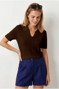 Olalook Women's Bitter Brown Viscose Polo Neck Openwork Flowy Knitwear Blouse - Image 3
