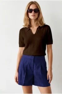 Olalook Women's Bitter Brown Viscose Polo Neck Openwork Flowy Knitwear Blouse - Image 4