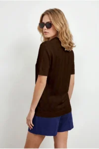 Olalook Women's Bitter Brown Viscose Polo Neck Openwork Flowy Knitwear Blouse - Image 5