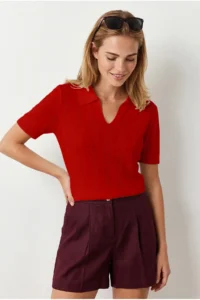 Olalook Women's Red Viscose Polo Neck Openwork Flowy Knitwear Blouse - Image 2