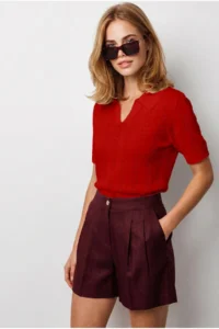 Olalook Women's Red Viscose Polo Neck Openwork Flowy Knitwear Blouse - Image 3