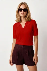 Olalook Women's Red Viscose Polo Neck Openwork Flowy Knitwear Blouse - Image 4