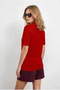 Olalook Women's Red Viscose Polo Neck Openwork Flowy Knitwear Blouse - Image 5