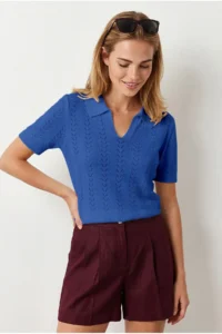 Olalook Women's Saks Blue Viscose Polo Collar Openwork Flowy Knitwear Blouse