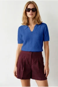 Olalook Women's Saks Blue Viscose Polo Collar Openwork Flowy Knitwear Blouse - Image 2