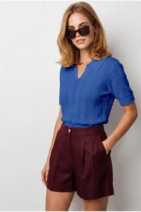 Olalook Women's Saks Blue Viscose Polo Collar Openwork Flowy Knitwear Blouse - Image 3
