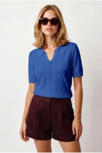 Olalook Women's Saks Blue Viscose Polo Collar Openwork Flowy Knitwear Blouse - Image 4