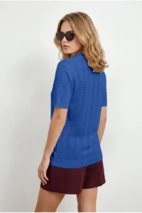 Olalook Women's Saks Blue Viscose Polo Collar Openwork Flowy Knitwear Blouse - Image 5