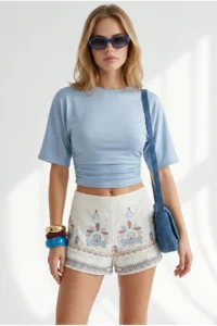 Olalook Women's Baby Blue Crew Neck Bat Drape Detailed Crop Blouse - Image 2