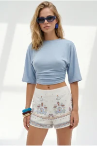Olalook Women's Baby Blue Crew Neck Bat Drape Detailed Crop Blouse - Image 3