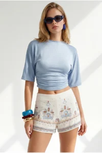 Olalook Women's Baby Blue Crew Neck Bat Drape Detailed Crop Blouse - Image 4