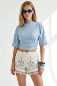 Olalook Women's Baby Blue Crew Neck Bat Drape Detailed Crop Blouse - Image 5