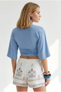 Olalook Women's Baby Blue Crew Neck Bat Drape Detailed Crop Blouse - Image 6