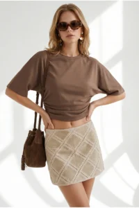 Olalook Women's Brown Crew Neck Bat Drape Detailed Crop Blouse - Image 3