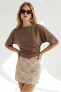 Olalook Women's Brown Crew Neck Bat Drape Detailed Crop Blouse - Image 4