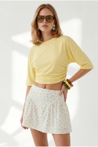 Olalook Women's Yellow Crew Neck Bat Drape Detailed Crop Blouse - Image 2