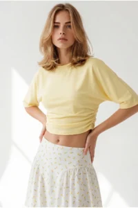 Olalook Women's Yellow Crew Neck Bat Drape Detailed Crop Blouse - Image 3