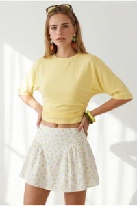 Olalook Women's Yellow Crew Neck Bat Drape Detailed Crop Blouse - Image 4